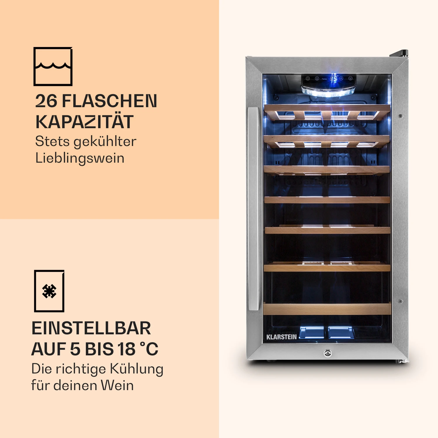 Vinamour 26 Uno Weinkühlschrank 26 Flaschen 88 Liter Edelstahl LED 3 Vinamour 26 Uno Weinkühlschrank 26 Flaschen 88 Liter Edelstahl LED – Bild 3