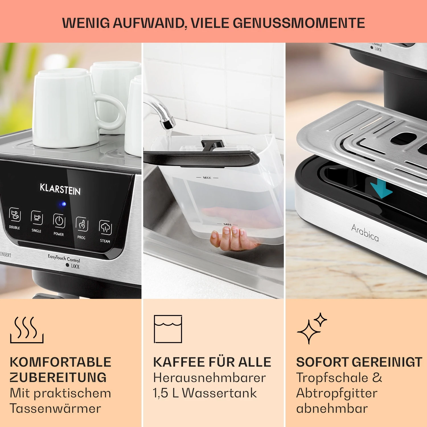 Arabica Espressomaschine 1050W 15 Bar 1,5l Touch-Bedienfeld Edelstahl 6 Arabica Espressomaschine 1050W 15 Bar 1,5l Touch-Bedienfeld Edelstahl – Bild 6