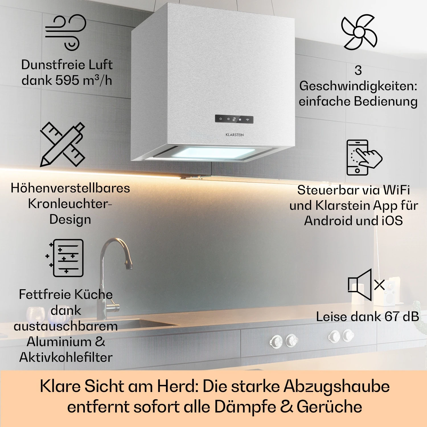 Kronleuchter Smart Inselabzugshaube 595m³/h App-Steuerung LED-Panel 2 Kronleuchter Smart Inselabzugshaube 595m³/h App-Steuerung LED-Panel – Bild 2
