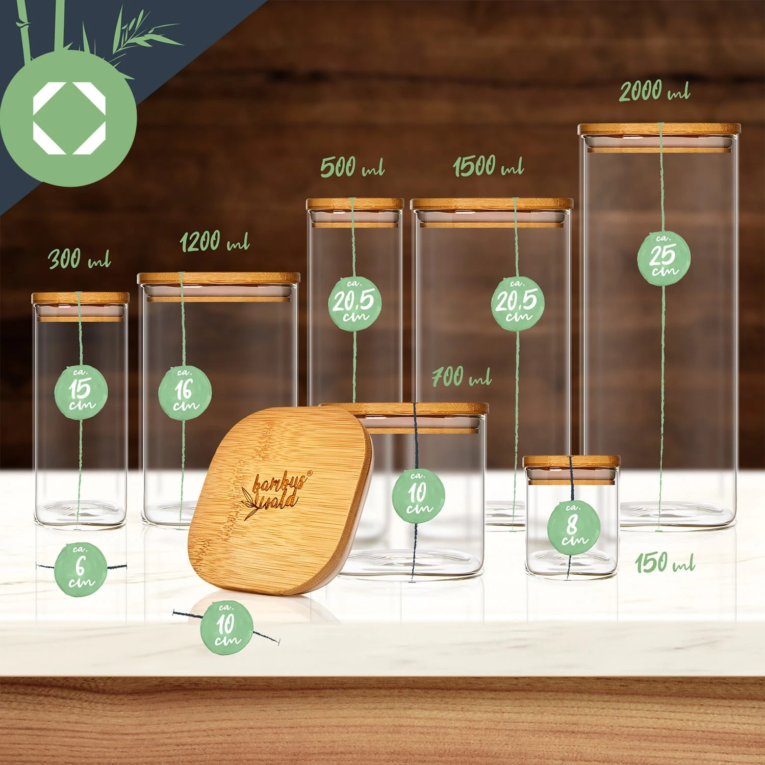Eckiges Glas Mit Bambusdeckel Luftdicht Mit Silikonring 10x16x10 Cm 1200 Ml 7 Eckiges Glas Mit Bambusdeckel Luftdicht Mit Silikonring 10x16x10 Cm 1200 Ml – Bild 7