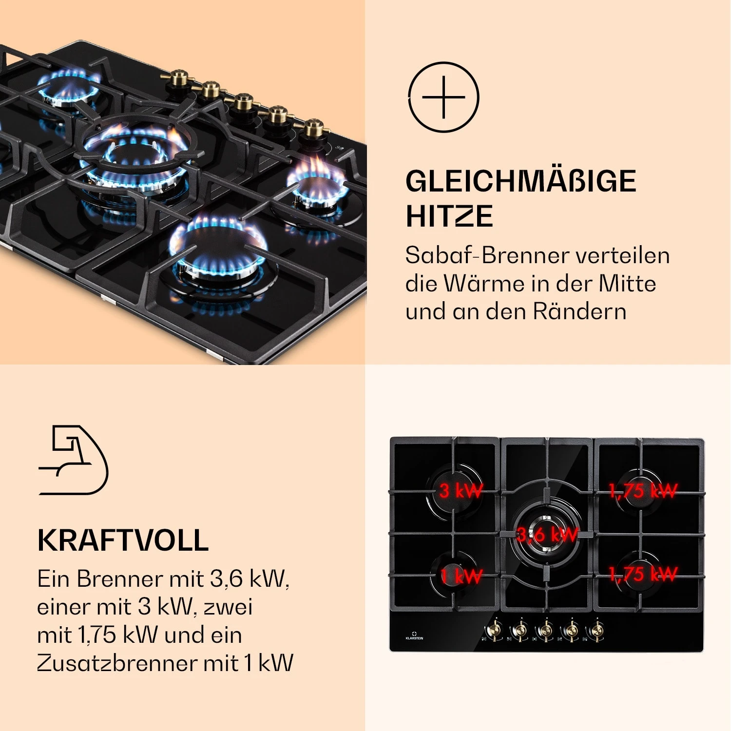 Victoria 5 Gaskochfeld 5-flammig Sabaf-Brenner Glaskeramik Retro-Look 3 Victoria 5 Gaskochfeld 5-flammig Sabaf-Brenner Glaskeramik Retro-Look – Bild 3