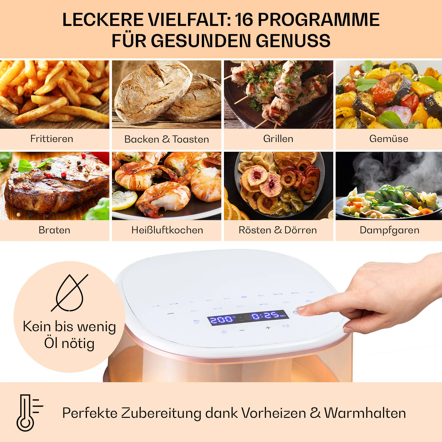 Air Bloom Heißluftfritteuse Dampffunktion 1500W 7,5 Liter 16 Programme 4 Air Bloom Heißluftfritteuse Dampffunktion 1500W 7,5 Liter 16 Programme – Bild 4