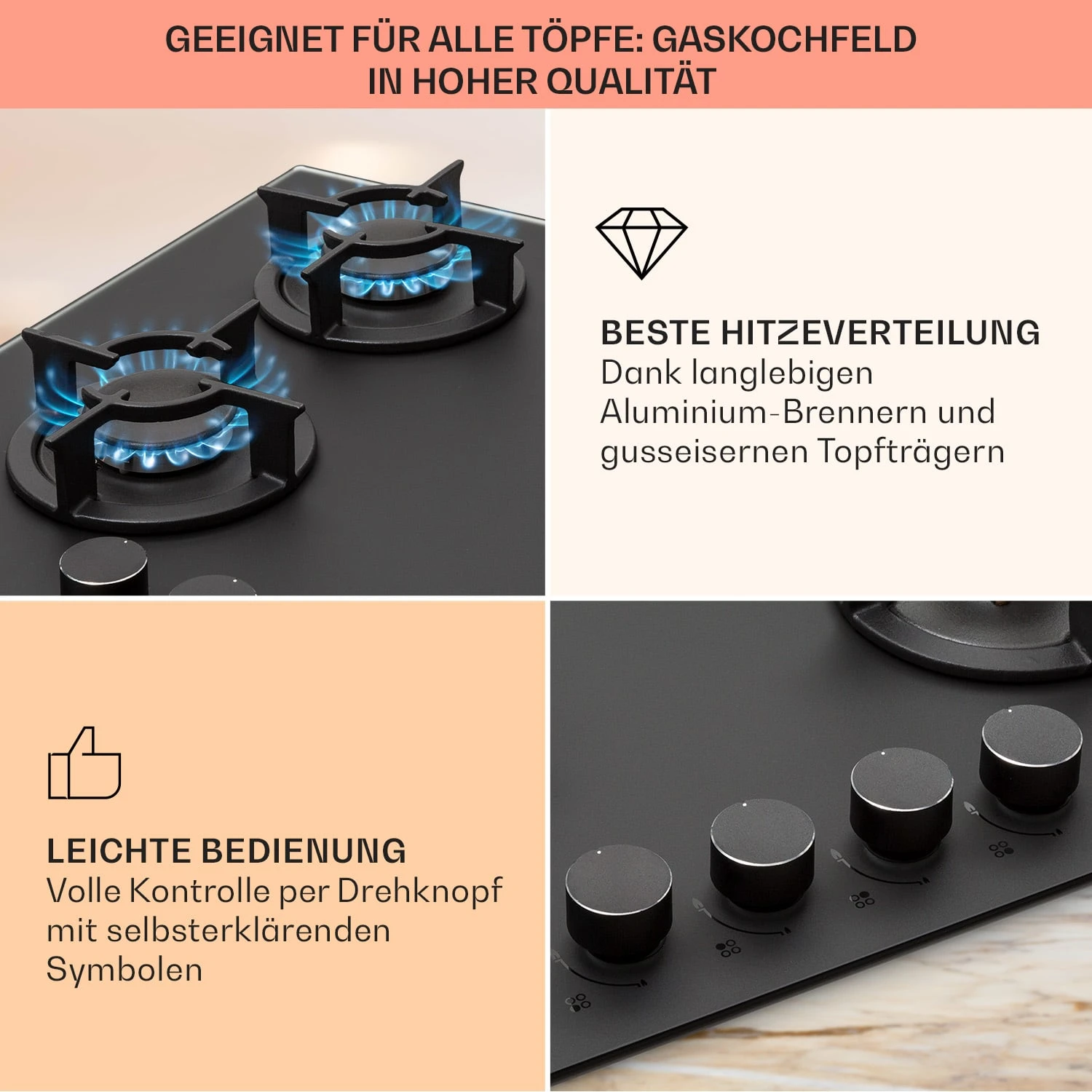 Firetale Gaskochfeld 4-flammig 60 Cm Aluminium-Brenner Inkl. Schlauch Und Druckminderer 4 Firetale Gaskochfeld 4-flammig 60 Cm Aluminium-Brenner Inkl. Schlauch Und Druckminderer – Bild 4