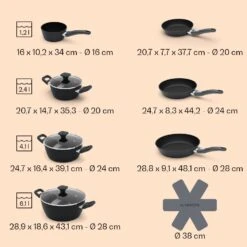 Noto Endurance Topf- Und Pfannenset Geschmiedetes Aluminium Ergonomische Griffe Glasdeckel Filz -Bestes Haushaltsgeräte Geschäft 60003055 yy 0009 dimensions